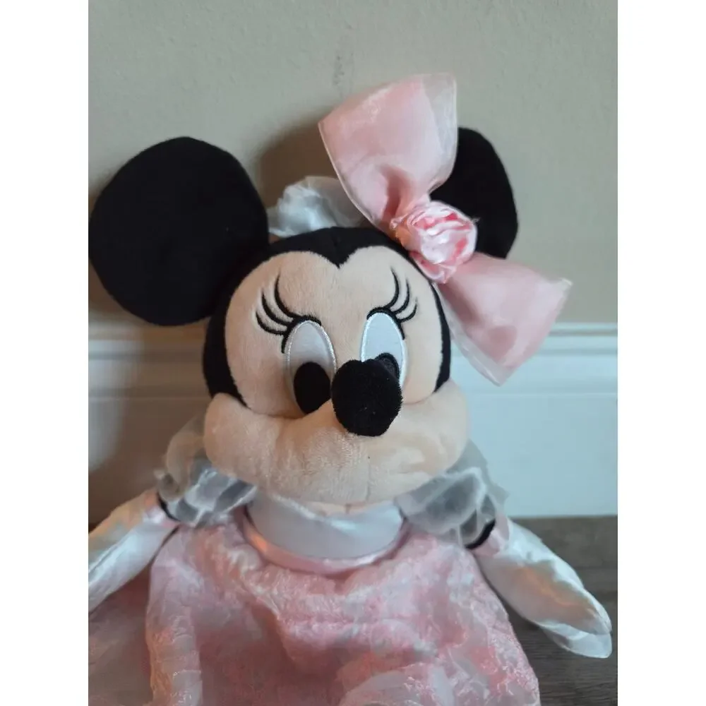 Disney Parks Minnie Mouse Bride Wedding Plush Satin Pink Lace Dress Veil